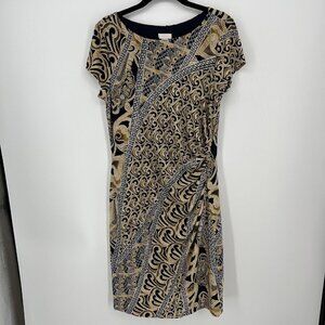 Chicos Womens Ruched Side Midi Dress Size M Navy Gold Geometric Stretch Lined
